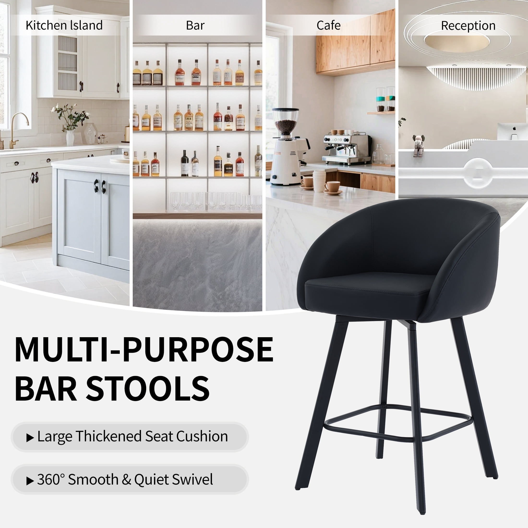 FIRAVOE Bar Stools with Back Set of 2, Swivel Counter Height Bar Stools with Footrest (26") Faux Leather Black Barstools for Kitchen Island