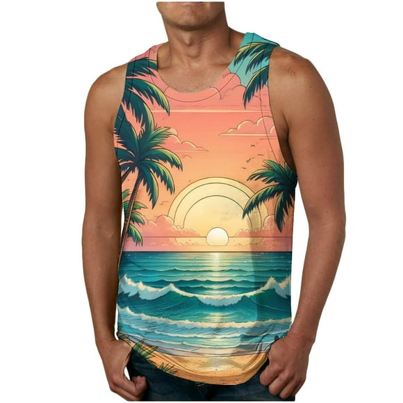 zanvin Mens Beach Tank Top Workout Gym Sleeveless Tropical Shirts Printed T Shirt Summer Vacation Tee Underwear, Orange, XXXXL