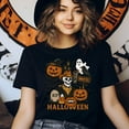 thumbnail image 3 of Cowboy Skeleton Halloween Shirt Spooky Graphic Tee with Pumpkins and Ghost, Heliconia, Size M, 3 of 6