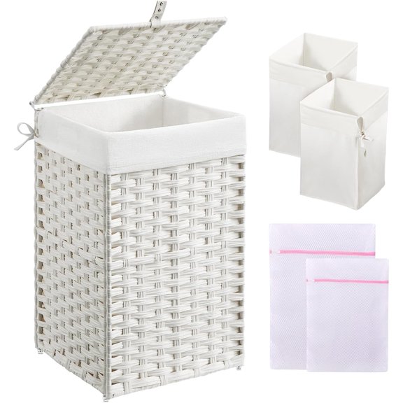 Laundry Hamper with Lid, 60L Clothes Hamper with 2 Removable Liner Bags & 2 Mesh Laundry Bags, Handwoven Synthetic Rattan Laundry Basket for Clothes, Toys in Bathroom, Bedroom Natural