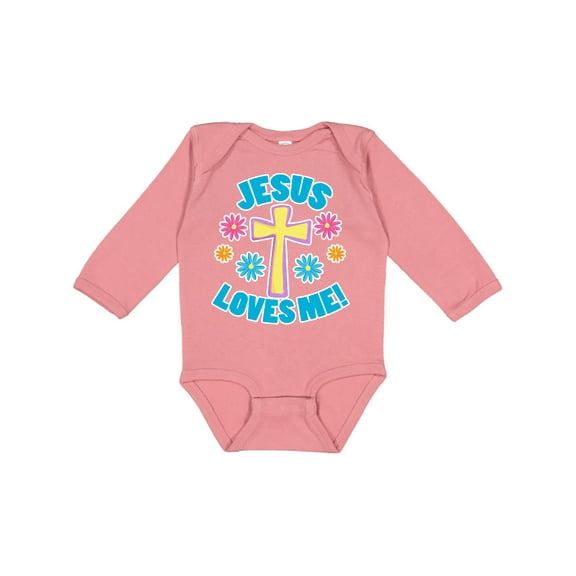 Inktastic Easter Jesus Loves Me with Cross and Flowers Boys or Girls Long Sleeve Baby Bodysuit