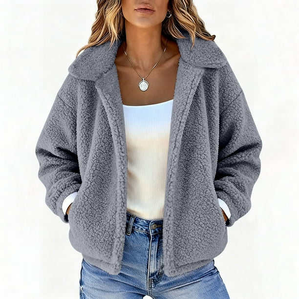 HongQid Women's Coat Casual Lapel Fleece Fuzzy Faux Shearling Zipper Coats Warm Winter Cropped Outwear Jackets
