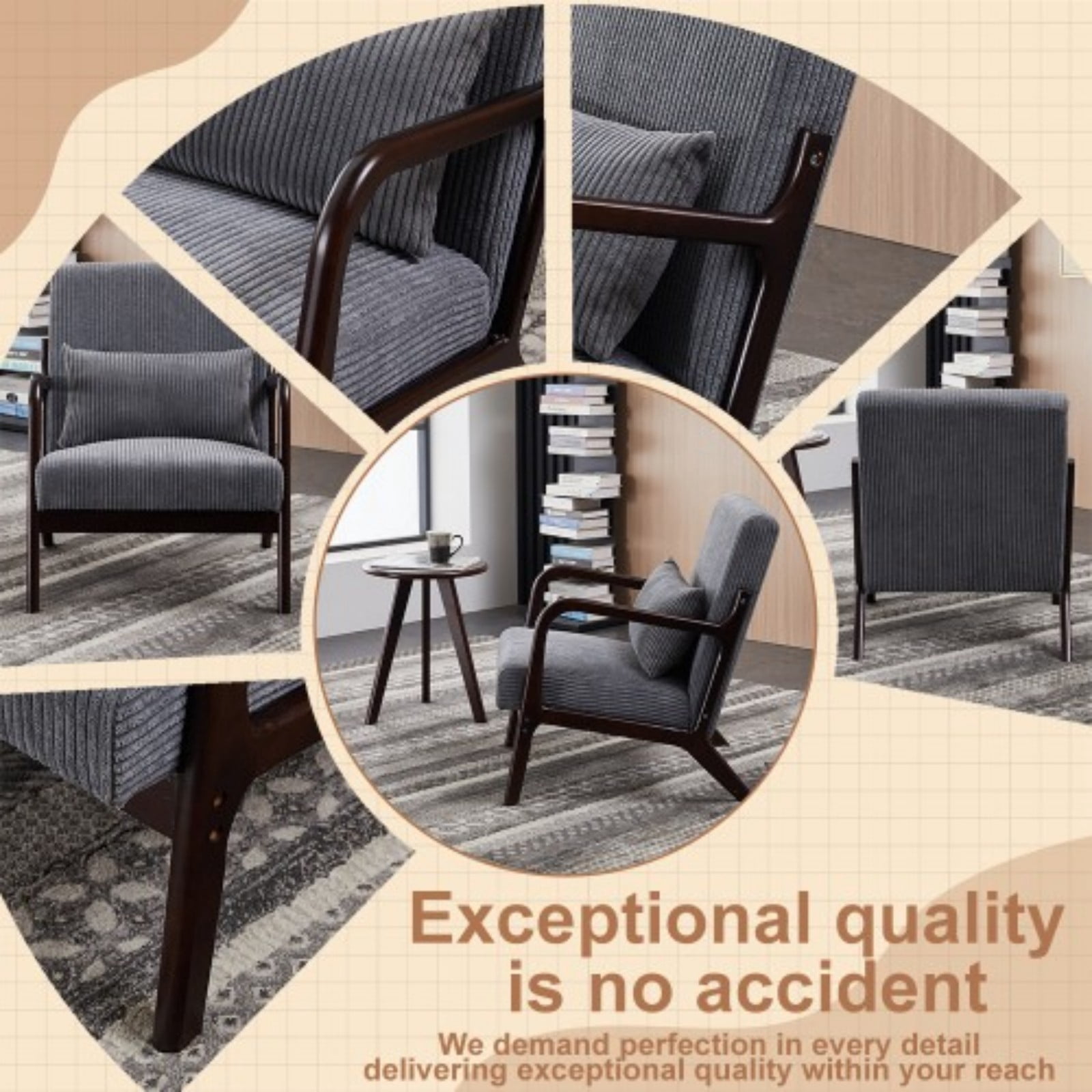 Mid-Century Modern Accent Chair, Upholstered Reading Arm Chair with Pillow, Solid Wood Frame Living Room Chair for Bedroom Balcony, Dark Grey
