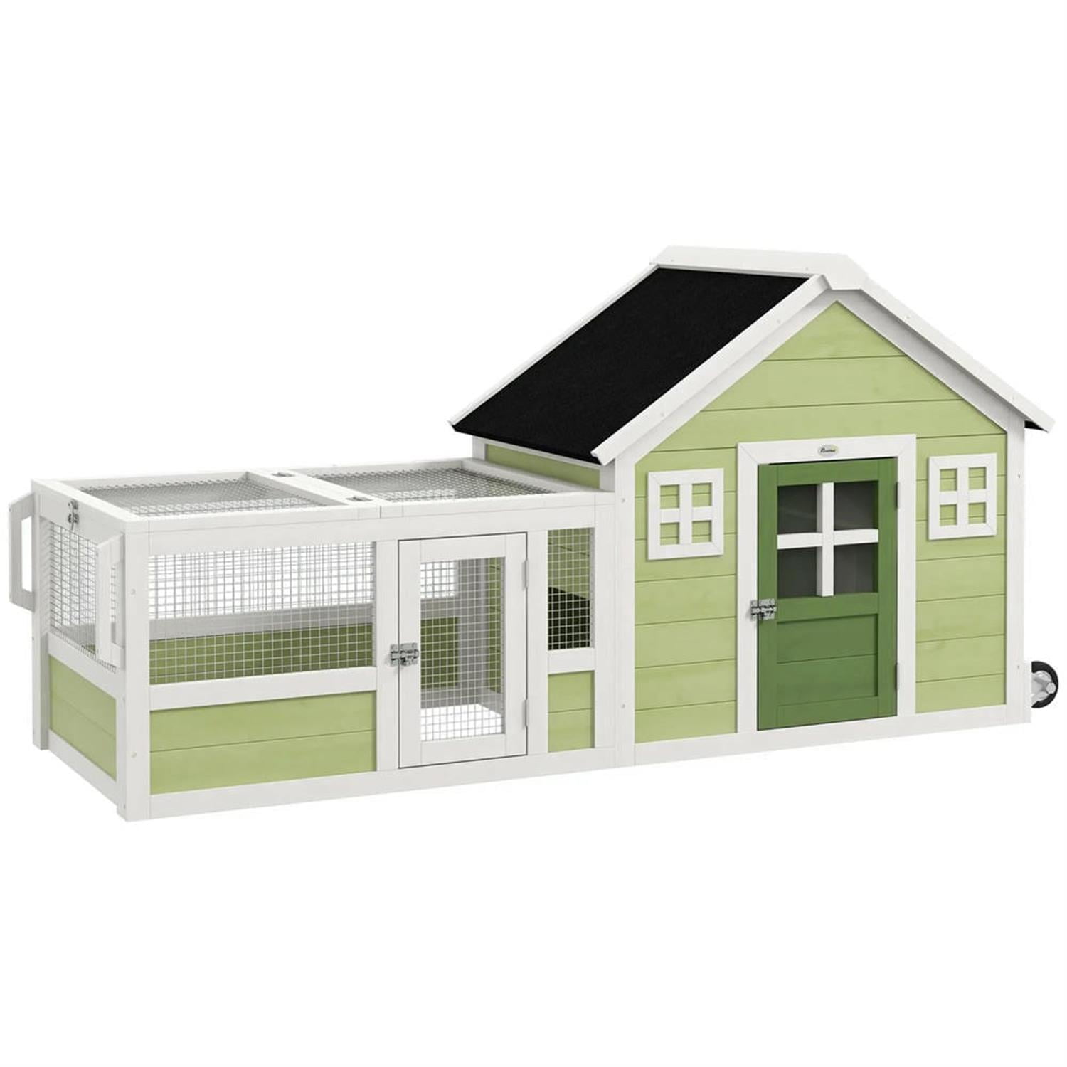 Kadyn 64" Wooden Rabbit Hutch with Wheels and Asphalt Roof, Outdoor Small Animal Habitat Chicken Coop Bunny Cage for Bunnies, Guinea Pigs, Green