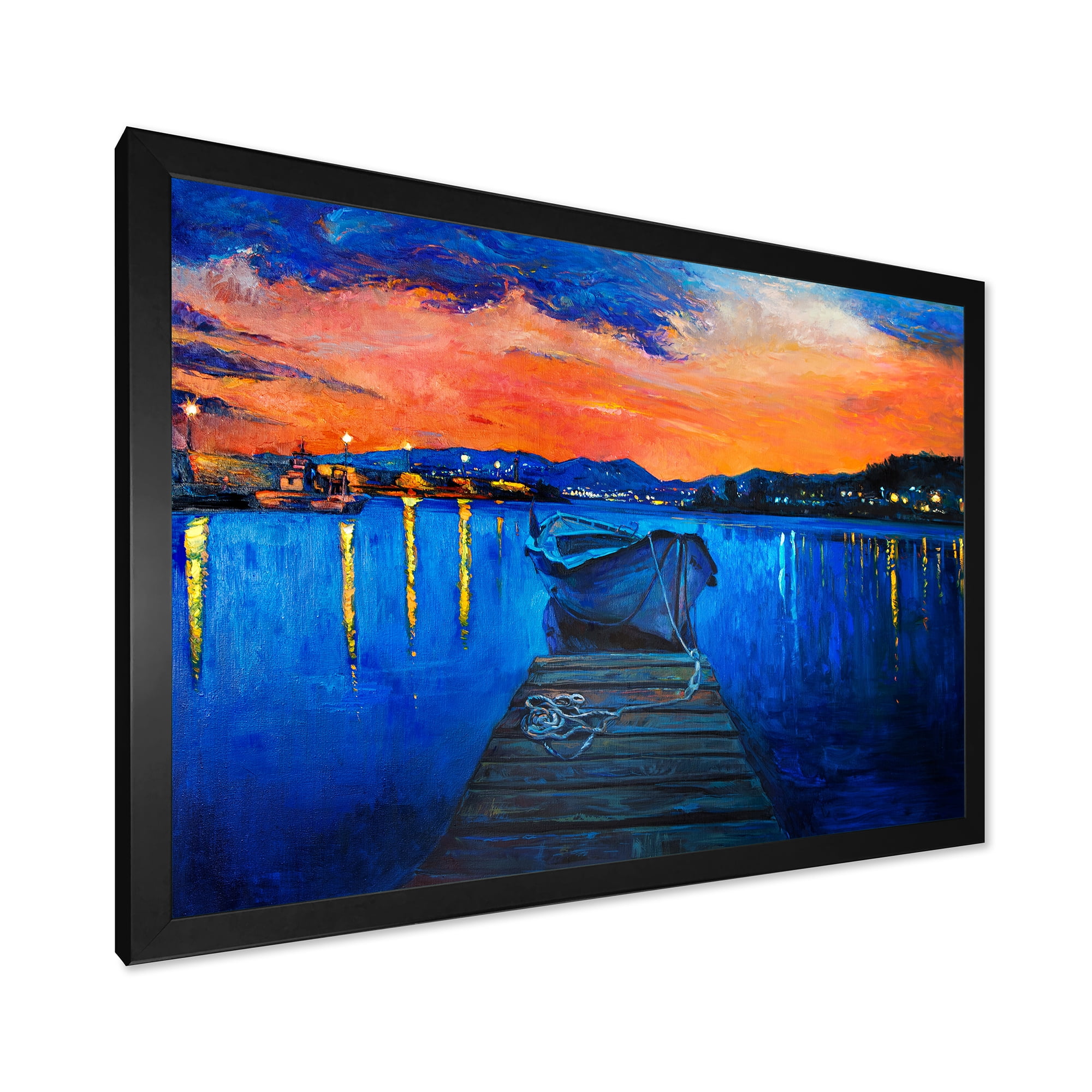 Boats During Warm Sunset Resting On The Water III 20 in x 12 in Framed Painting Canvas Art Print, by Designart