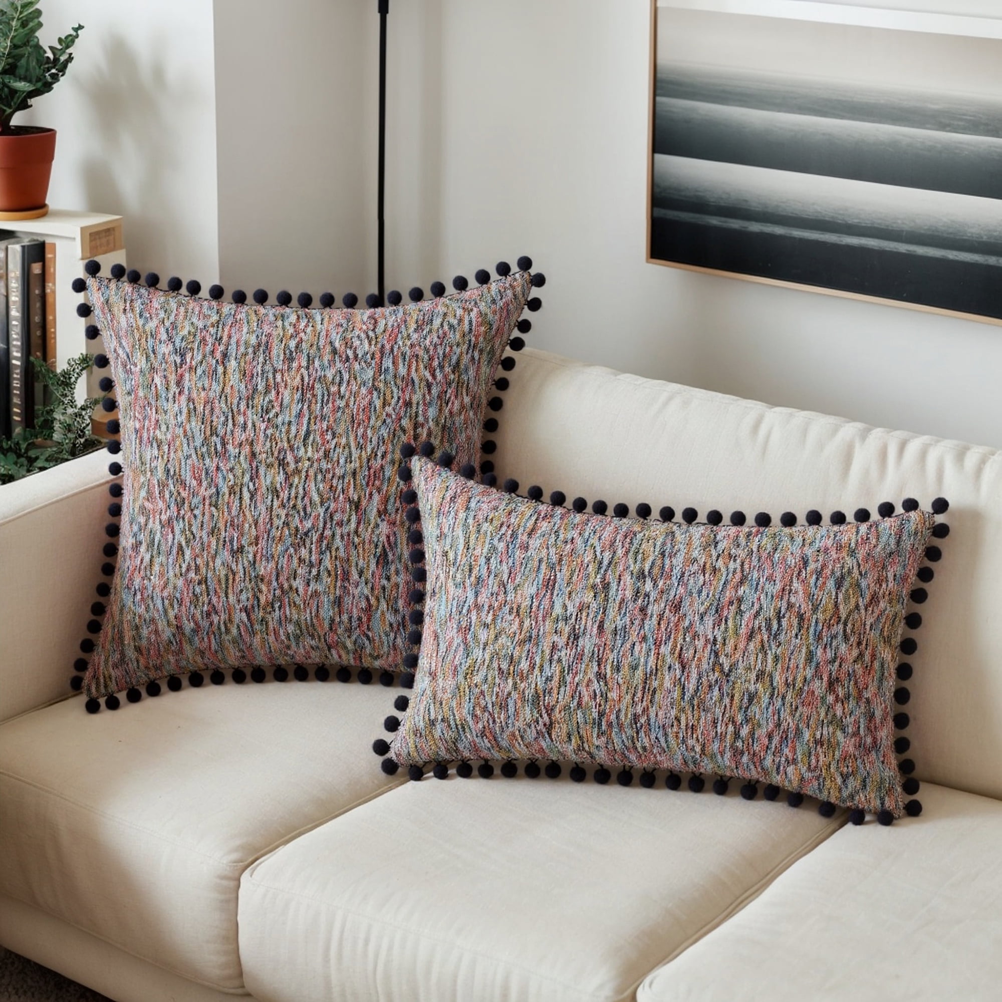 Unique Bargains Pack of 2 Chenille Throw Pillow Covers with Pom-poms 20" x 12" Black