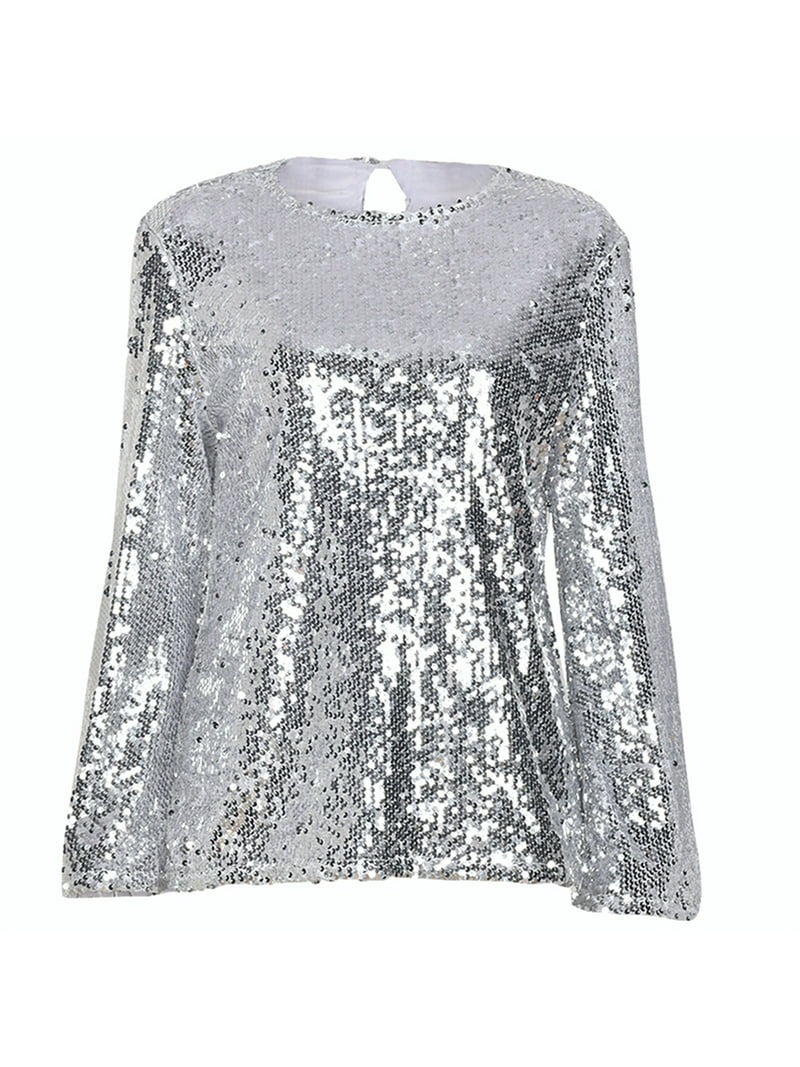 Women Casual Long Sleeve Loose Fit Pullover Glitter Solid Vintage Blouse - Walmart.com
