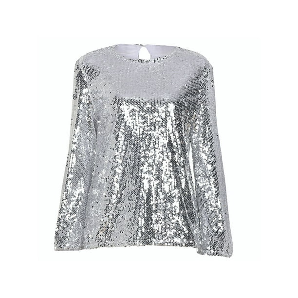 Women Casual Sequin Tops Sparkly Flare Long Sleeve Loose Fit Pullover Glitter Solid Vintage