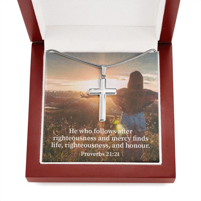 Scripture Card Righteousness And Honour Proverbs 21:21 Cross Card Necklace w Stainless Steel Pendant Religious
