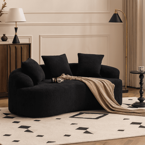 LY-025S Black Curved Loveseat: Compressed Packaging, Chenille Fabric, 30D Sponge, No Assembly, Small Sofa for Small Spaces & Apartments, 65" L, 300 Lbs, Includes 3 Pillows