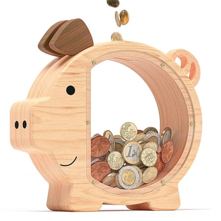 Wooden Piggy Bank for Kids Cute Money Bank for Boys and Girls Clear Wood Money Box Personalized Saving Money Jar, Creative Present for Children Birthday Chrismas & Decor (Naturl Wood, Standard)