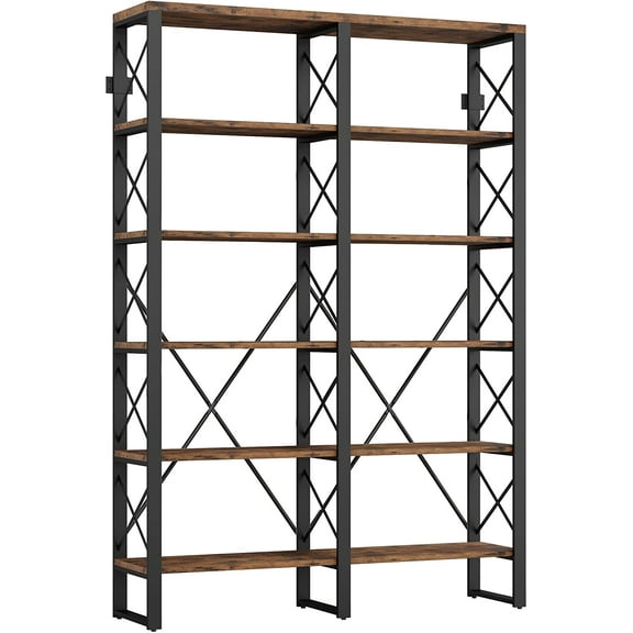 Bookshelf Double Wide 6-Tier 76" H, Open Large Bookcase, Industrial Style Shelves, Wood and Metal Bookshelves for Home Office, Easy Assembly