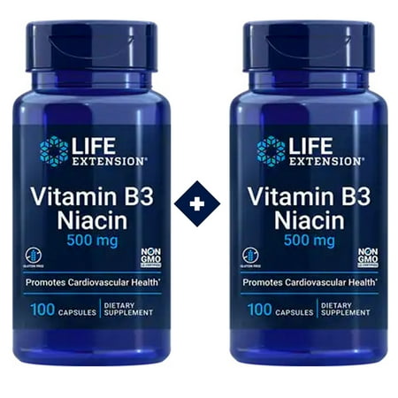 Life Extension Vitamin B3 Niacin 500 mg, Supports healthy Cholesterol Levels, Healthy Metabolism & Promotes Cellular Energy Production - 100 Capsules (2-Pack)