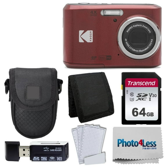 Kodak PIXPRO FZ45 Digital Camera (Red) Black Point & Shoot Camera Case Transcend 64GB SD Memory Card Tri-fold Memory Card Wallet Hi-Speed SD USB Card Reader More!