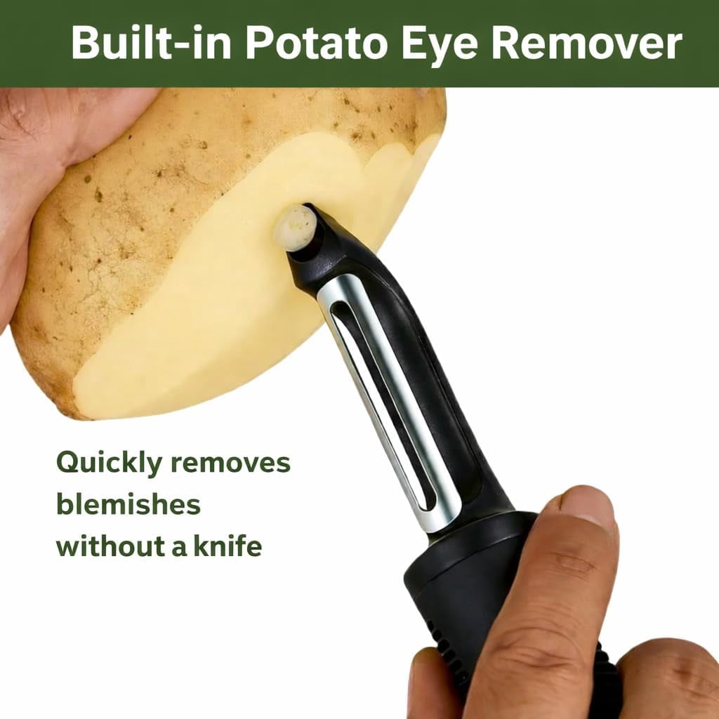 JJEAN-Black Premium Vegetable Peeler | Ultra-Sharp Swivel Stainless Steel Blade | Ergonomic Soft Grip Handle | Mango Peeler | Dishwasher Safe | Skin Peeler for Veggies & Fruits | Potato Peeler & Eye