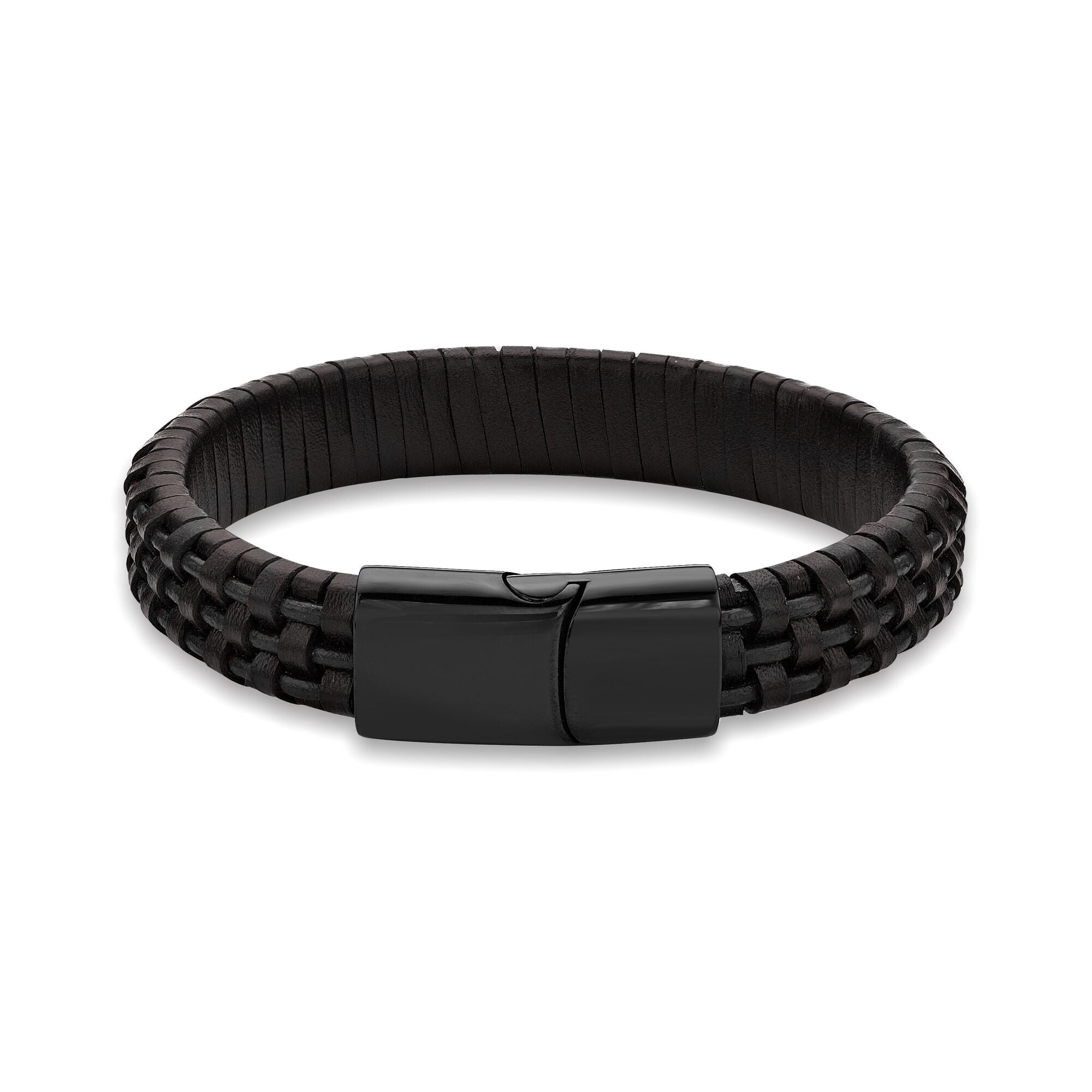 Metro Jewelry Men's Stainless Steel Black Genuine Leather Bracelet with Black Ion Plating and Magnetic Clasp - 8.5 Inches Long