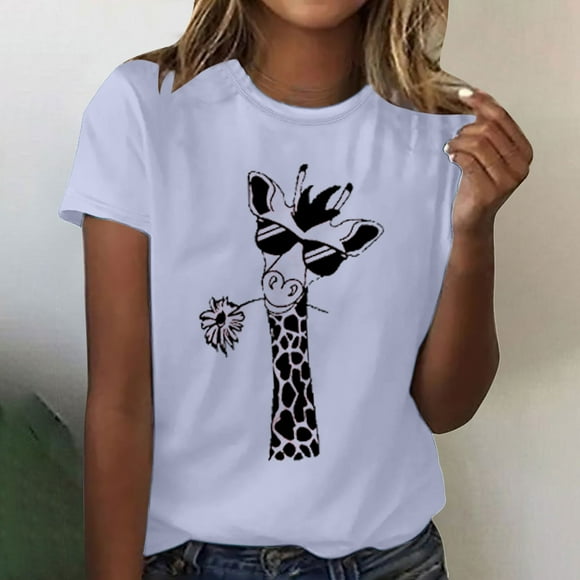 Jsaierl Womens Summer Giraffe Print T-Shirt Funny Crewneck Cute Animal Graphic Tees Casual Short Sleeve Tops Plus Size