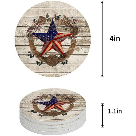 FMSHPON Independence Day Vintage Star on Wooden Plank Set of 4 Round Coaster for Drinks, Absorbent Ceramic Stone Coasters Cup Mat with Cork Base for Home Kitchen Room Coffee Table Bar Decor