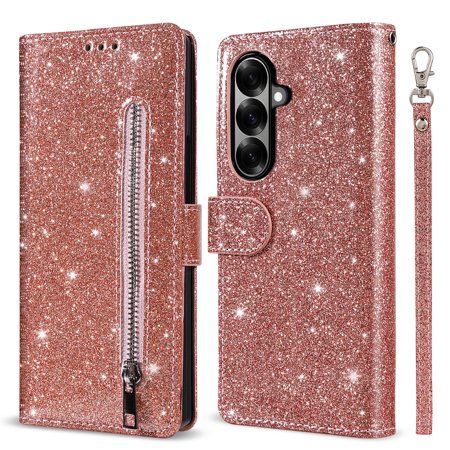 Allytechgroup for Galaxy Z Fold 8 Ultra Case Wallet, PU Leather Glitter Bling Shockproof Stand Hand Wrist Zipper Pocket Wallet Cover for Samsung Galaxy Z Fold8 Ultra, Rosegold
