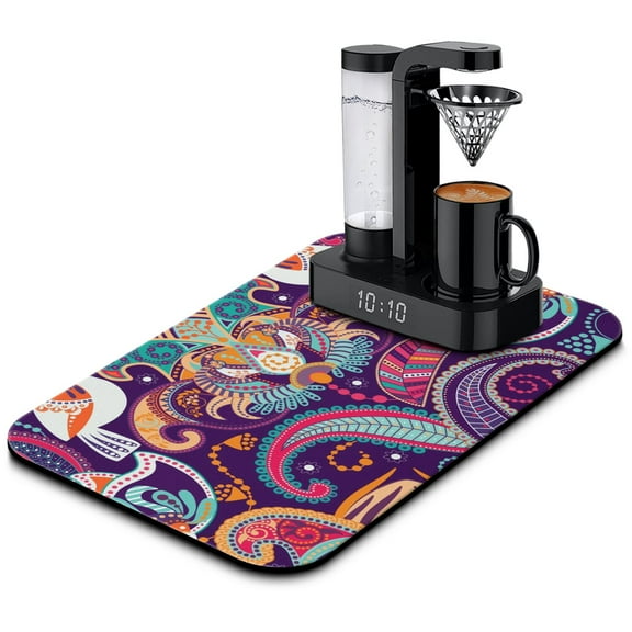 Paisley Pattern Dish Drying Mat 12x20in, Vintage Bohemian Absorbent Coffee Bar Mat, Ethnic Colorful Kitchen Counter Protector