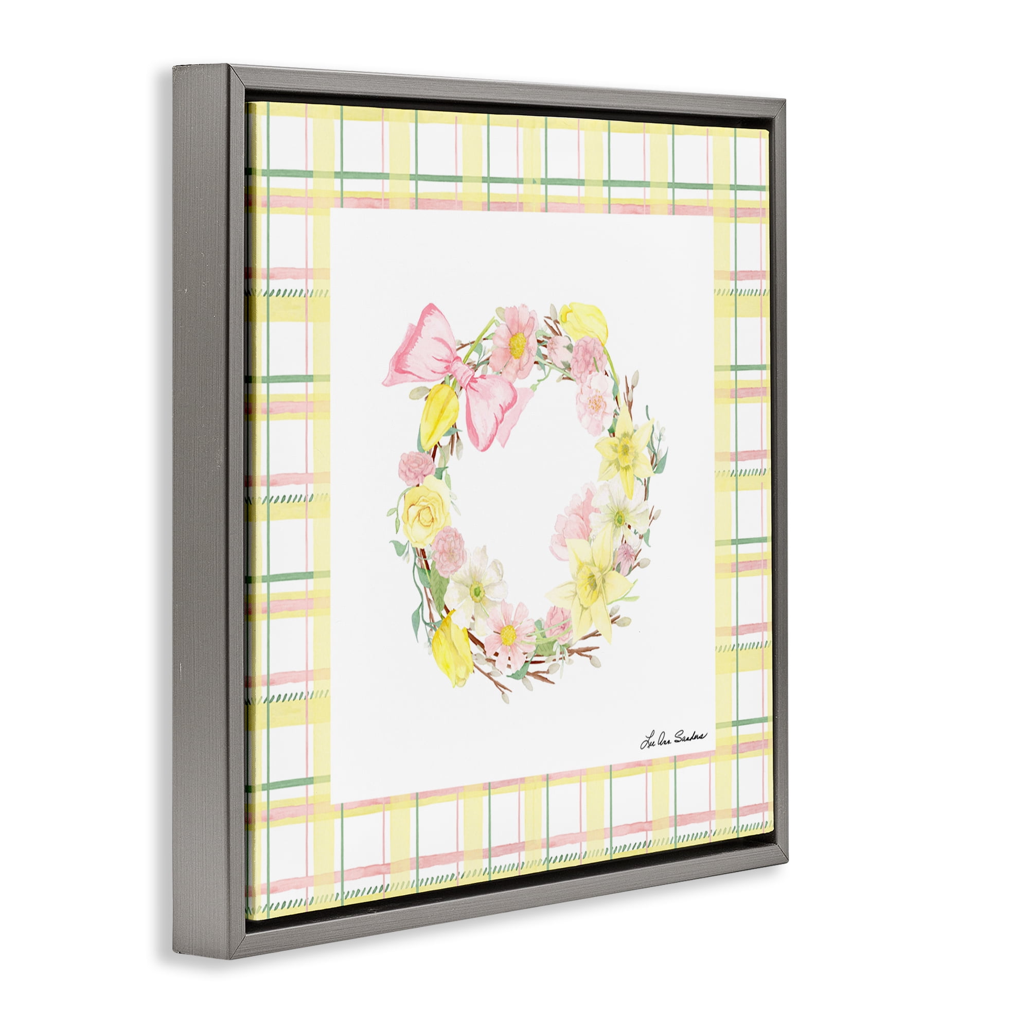 Wreath in Spring Pastels Gray Framed Floater Canvas Wall Art, design by Lee Ann Sanders
