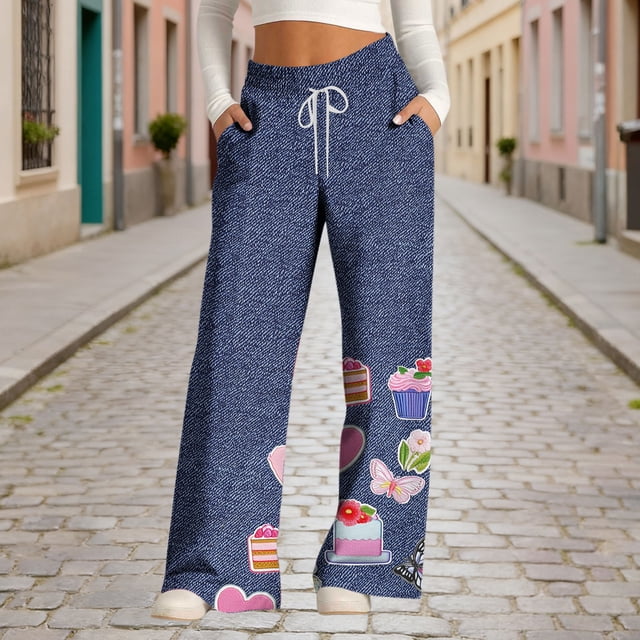 TaTaai Women Loose Casual Denim Print Wide Leg Pants Fashion Drawstring Waist with Pockets All Season Comfortable Daily Outdoor Fitness Wear Gift