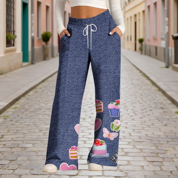 Tdoqot Womens Graphic Sweatpants with Pockets- Casual Baggy Cute Elastic Waist Drawstring Wide Leg Pants Pink Size M