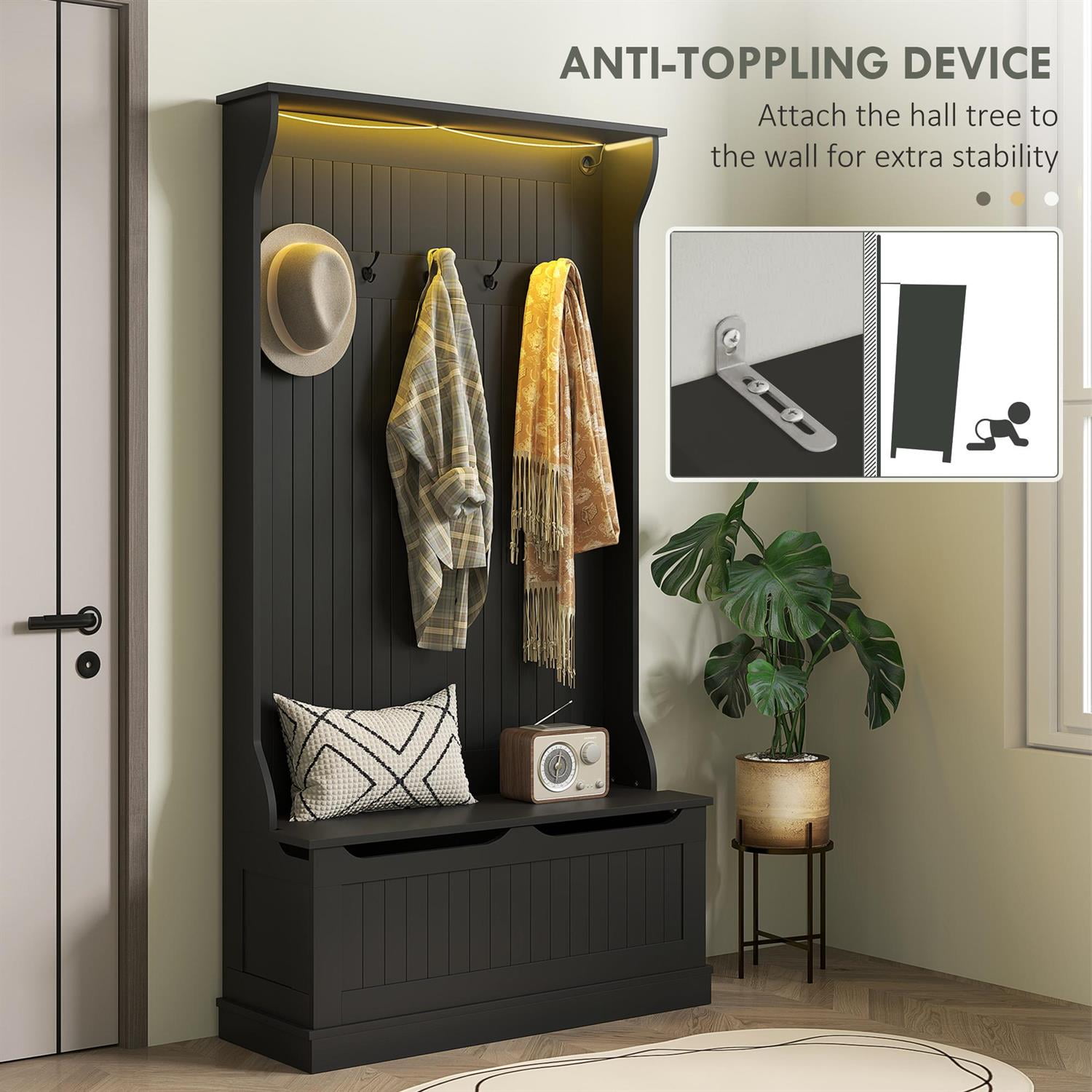 Demi Bonn 70" Hallway Bench with Coat Rack and Shoe Storage, 3-in-1 Entryway Organizer for Home, Storage Hooks and Hall Tree for Convenience, Black