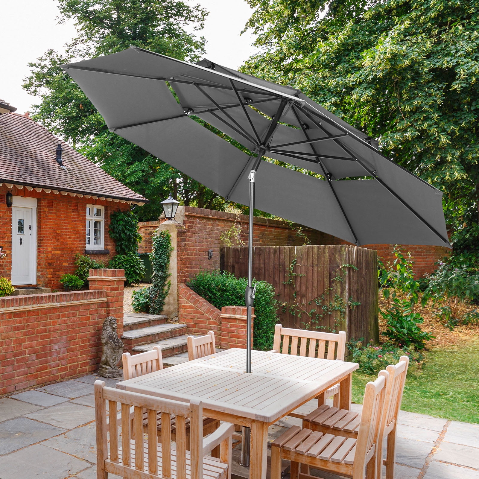 Ainfox 10ft Patio Umbrella 3 Tiers,Outdoor Table Market Umbrella w/Tilt Adjustment and Crank for Garden,Deck,Beach,Backyard,Pool,Grey