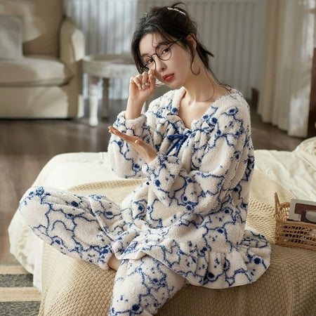 

QWZNDZGR Winter Flannel Elegant Women Cartoon Sleepwear Girls Pajamas Pajama Sets Nightwear Coral Fleece Pijamas Mujer Homewear Fashion