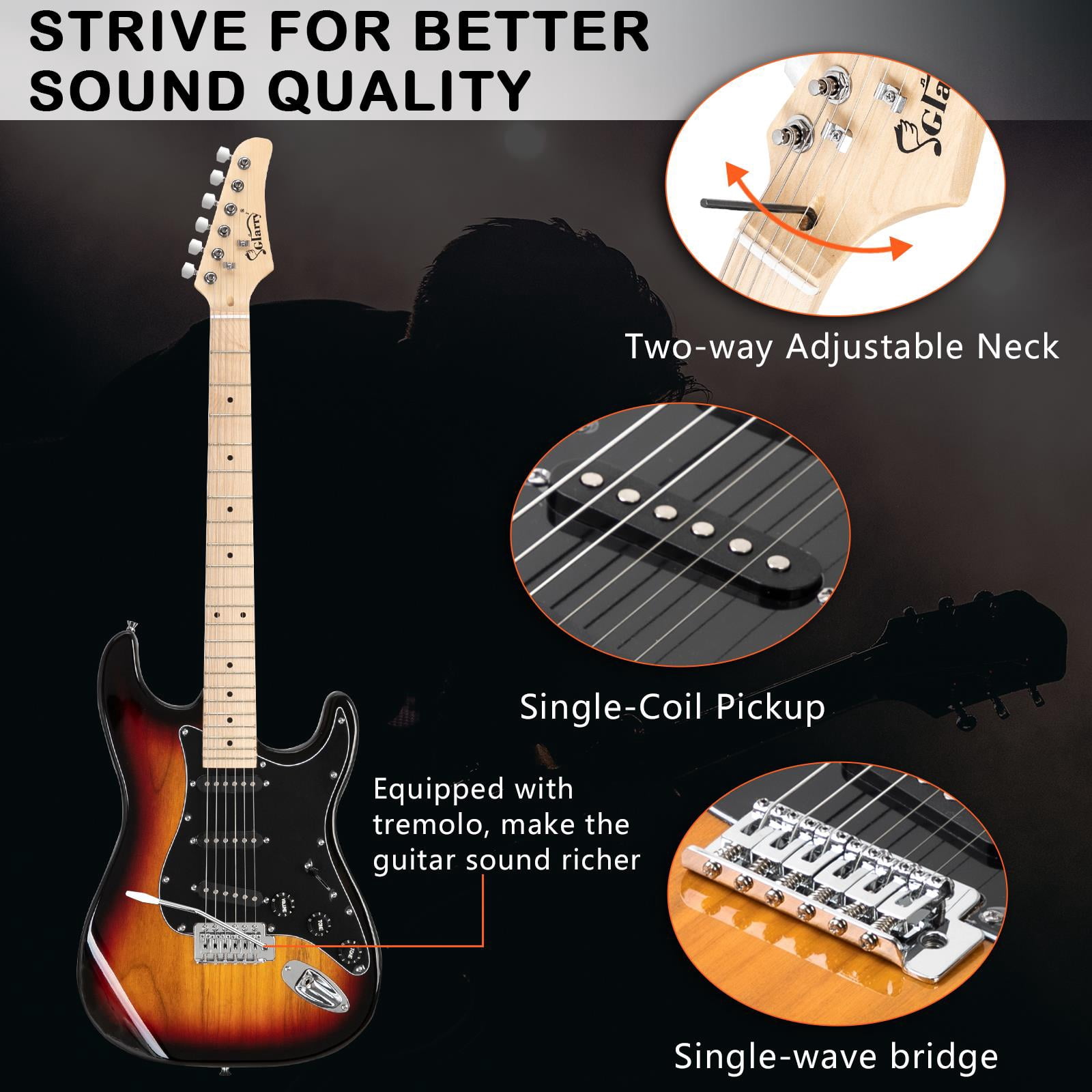 Glarry 6 Strings Right Hand Electric Guitar Package for Beginner with Amp, Brown