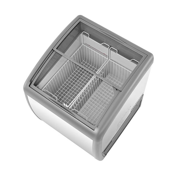 KFFKFF Commercial Ice Cream Display Case, 5.4 Cu.ft Chest Freezer, Adjustable Temperature Range -19 to 3℉, Mobile Deep Freezer with Wire Baskets, Sliding Glass Doors, Lockable Casters & LED Lighting