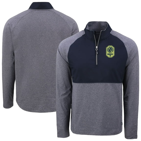 Men's-Cutter & Buck Heather Navy/Navy Nashville SC Adapt Eco Knit Hybrid Recycled Raglan Quarter-Zip Pullover Top