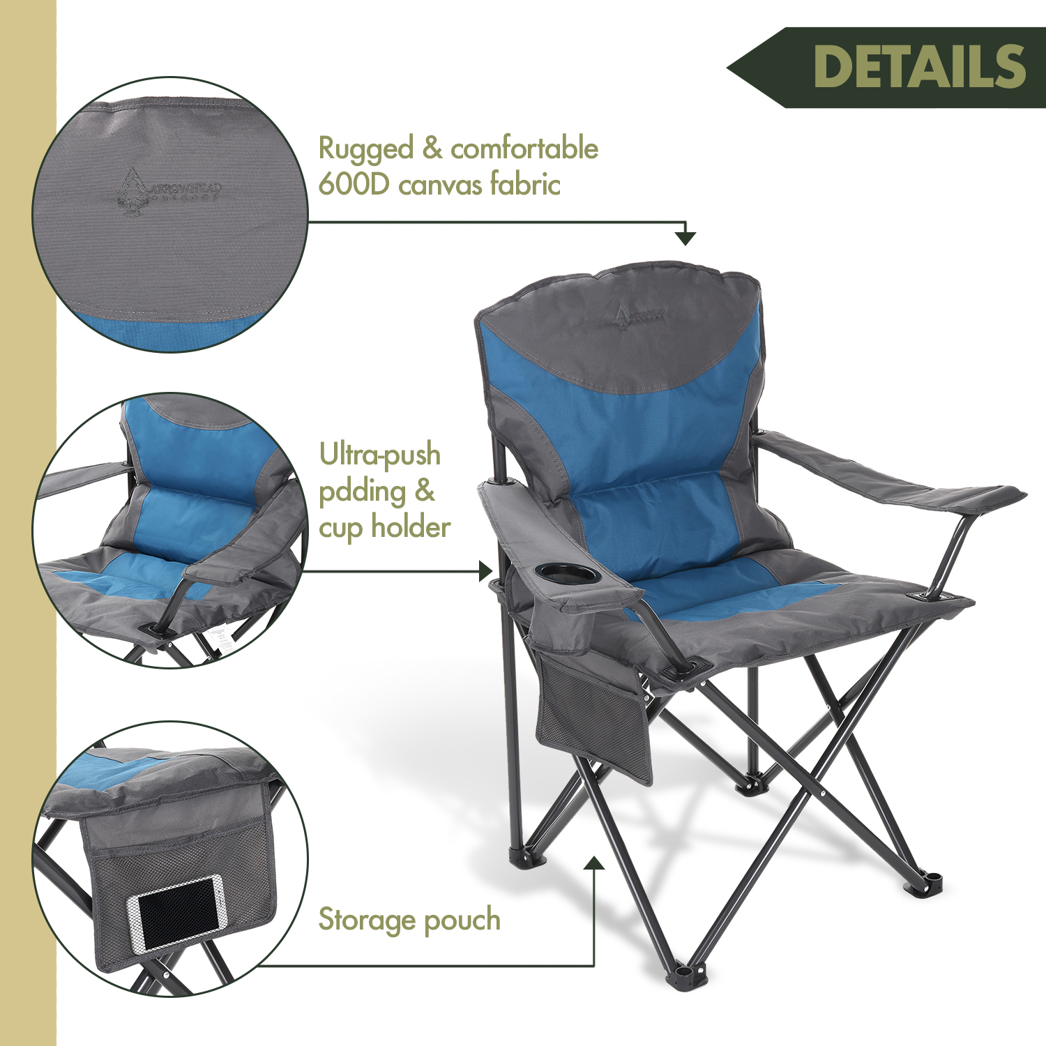 ARROWHEAD OUTDOOR Portable Folding Camping Quad Chair w Added