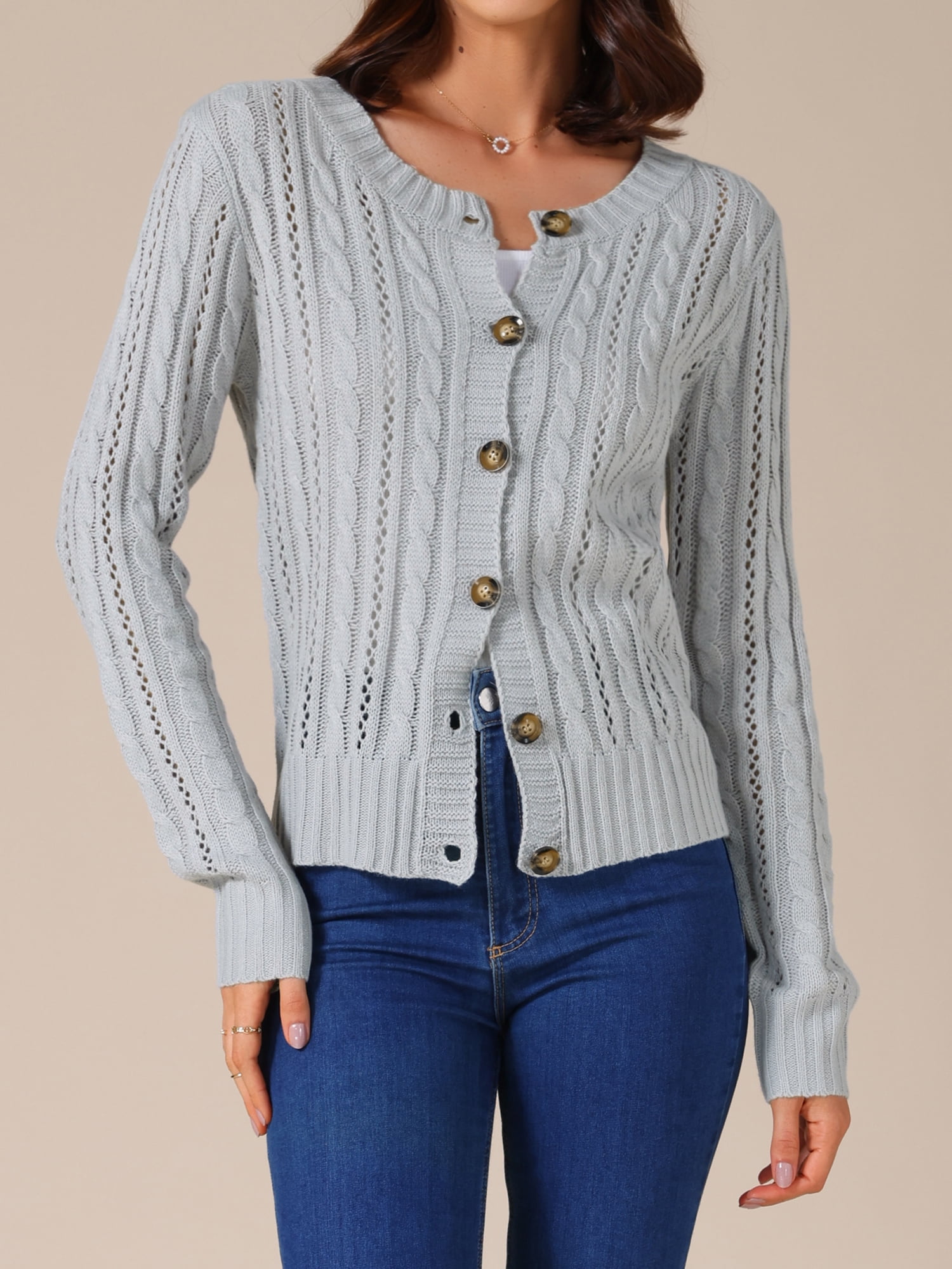 DARING DIVA Women's Open Front Button Down Cable Knit Cardigan Sweater M Grey