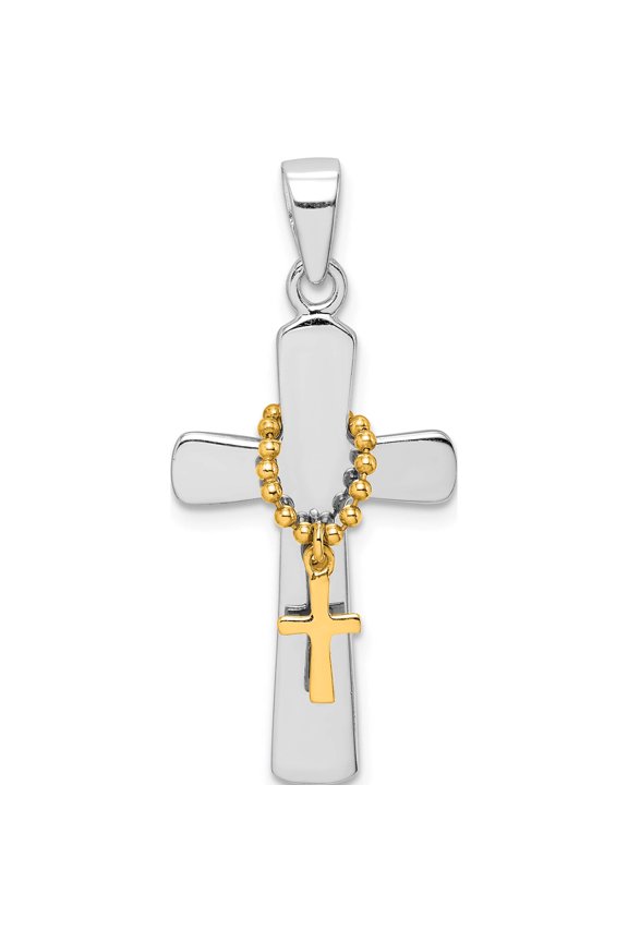 Sterling Silver Rhodium-Plated Polished Gold Tone Double Cross Pendant (25.14 X 15.61) Made In Thailand qc9368