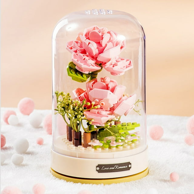 DIY Building Block Music Box with Display Cover - Jiaqi 2676 "Hazy" 147pcs Romantic Flower Ornament, Creative Valentine's Day Gift for Girls Ages 7-14, Enhances Hand-Eye Coordination &