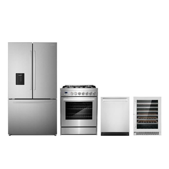 4 Piece Kitchen Package with 30" Freestanding Gas Range 24" Built-in Fully Integrated Dishwasher French Door Refrigerator & 48 Bottle Freestanding Wine Refrigerator
