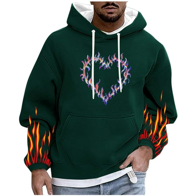 Xfvqtps Men Casual Fashion Printed Pullover Drawstring Long Sleeve Hooded Sweatshirts Green