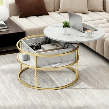 Uforic Lift Top Circle Table for Living Room, Metal Coffee Table with Hidden Storage, White