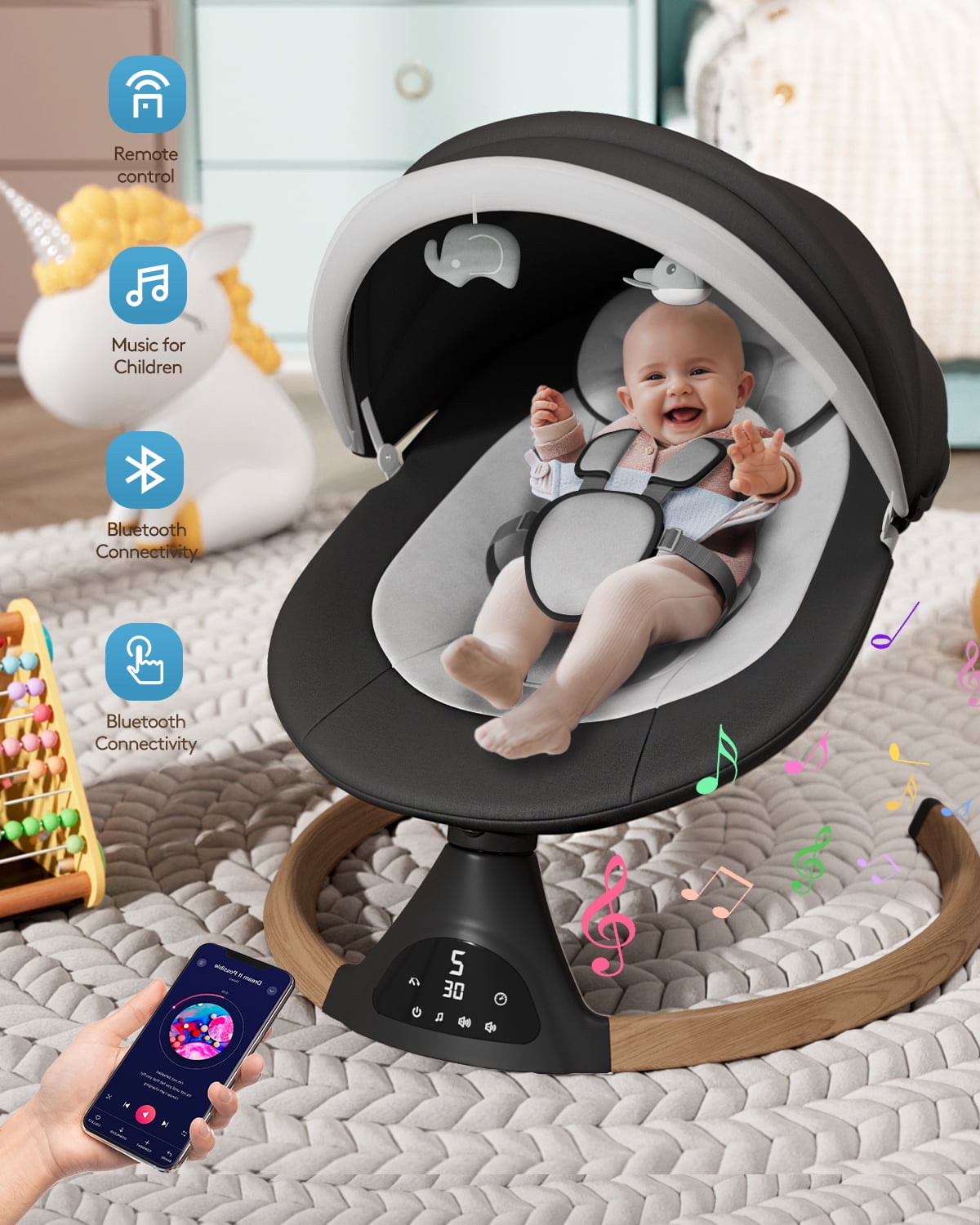 Babyomi Baby Swing for Infant, Electric Bluetooth Swing Rocker with 5 Sway Speeds& 10 nursery rhyme , Black