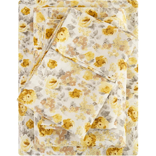 Floral King Sheet Set Piece Vintage Pink & Yellow Flower Patterned Bed Sheets Soft Breathable Microfiber Sheets with Deep Pocket Fitted Sheets & Pillowcases