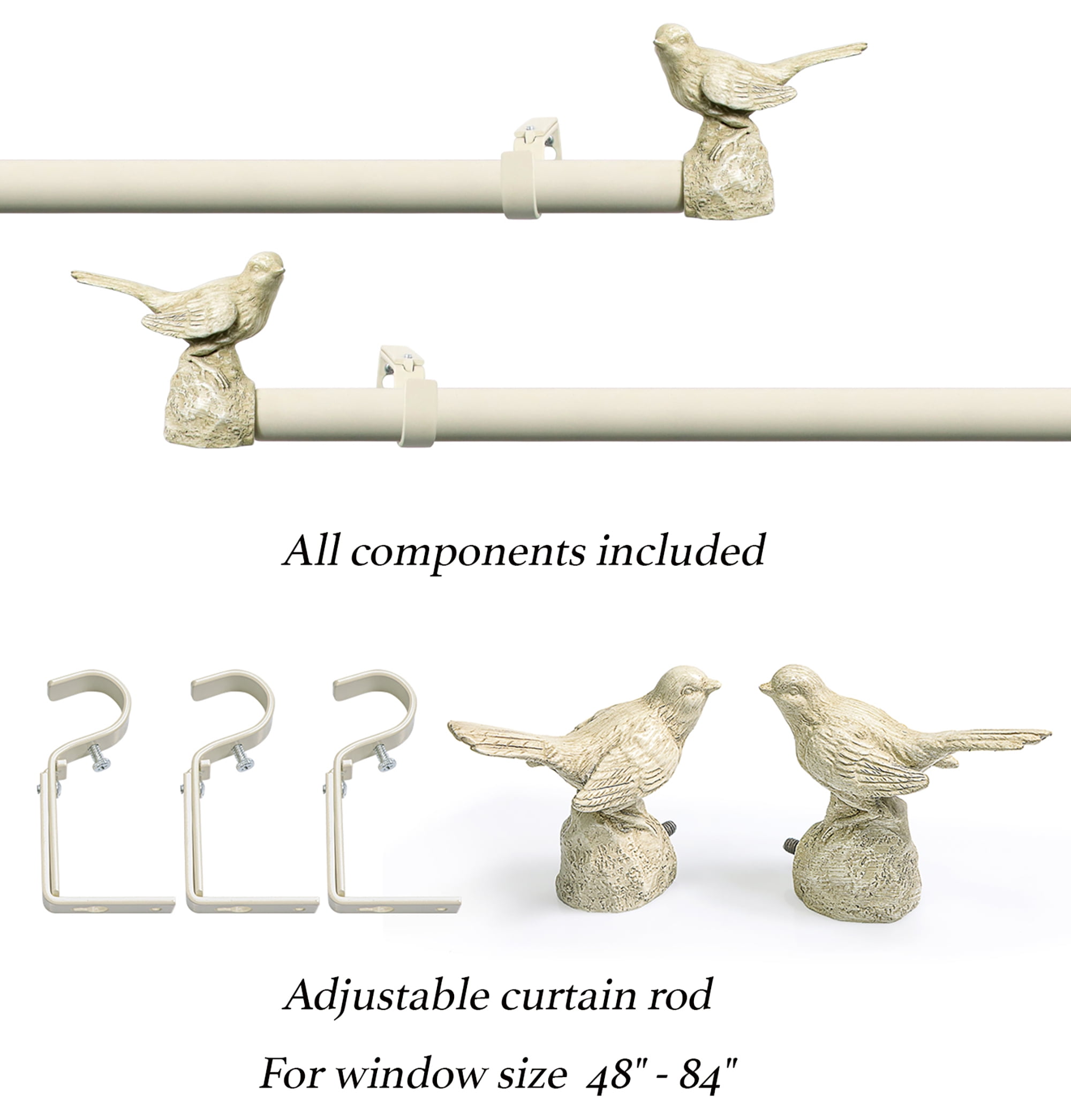 MERIVILLE 1" Single Curtain Rod Set, Adjustable 48-84 Inches, Bird Finials, Country White