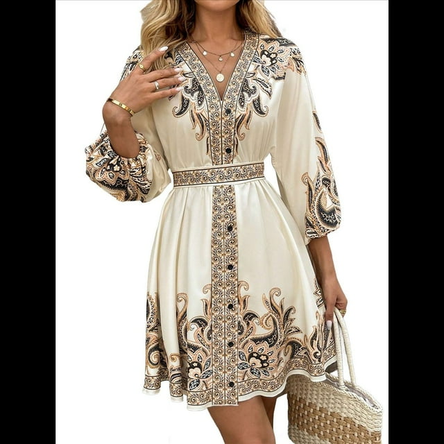 Vestido Mini Informal con Cuello en V, Estampado Floral, Mangas Farol y Botones para Mujer. Albaricoque M
