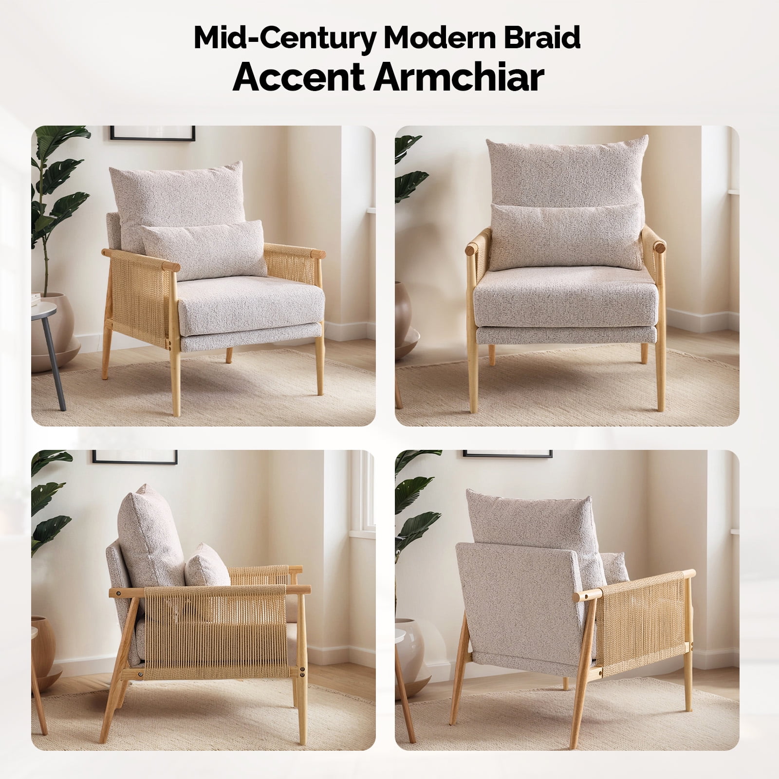 Ktaxon Accent Chair, Solid Wood and Jute Rope Armrests Armchair, Single sofa with Lumbar Pillow for Living Room Bedroom Office Light Gray