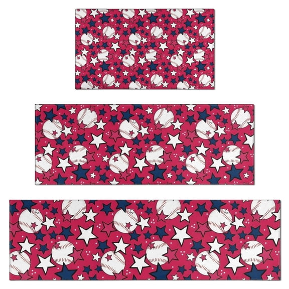 Red Baseballs and Stars Pattern Kitchen Rugs Sets Of 3,Kitchen Runner Rugs Non Skid Washable,Decorative Kitchen Floor Mats for Kitchen,Sink,Laundry,17"x30" 17"x47" 17"x59"