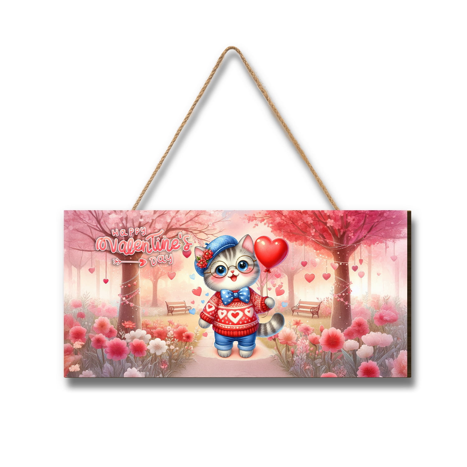 Happy Valentine’s Day Adorable British Shorthair Kitten Holding Heart Balloon Landscape Wood Sign Cat Lover Kitten Owner Gifts Hanging Wall Home Decor - 00030