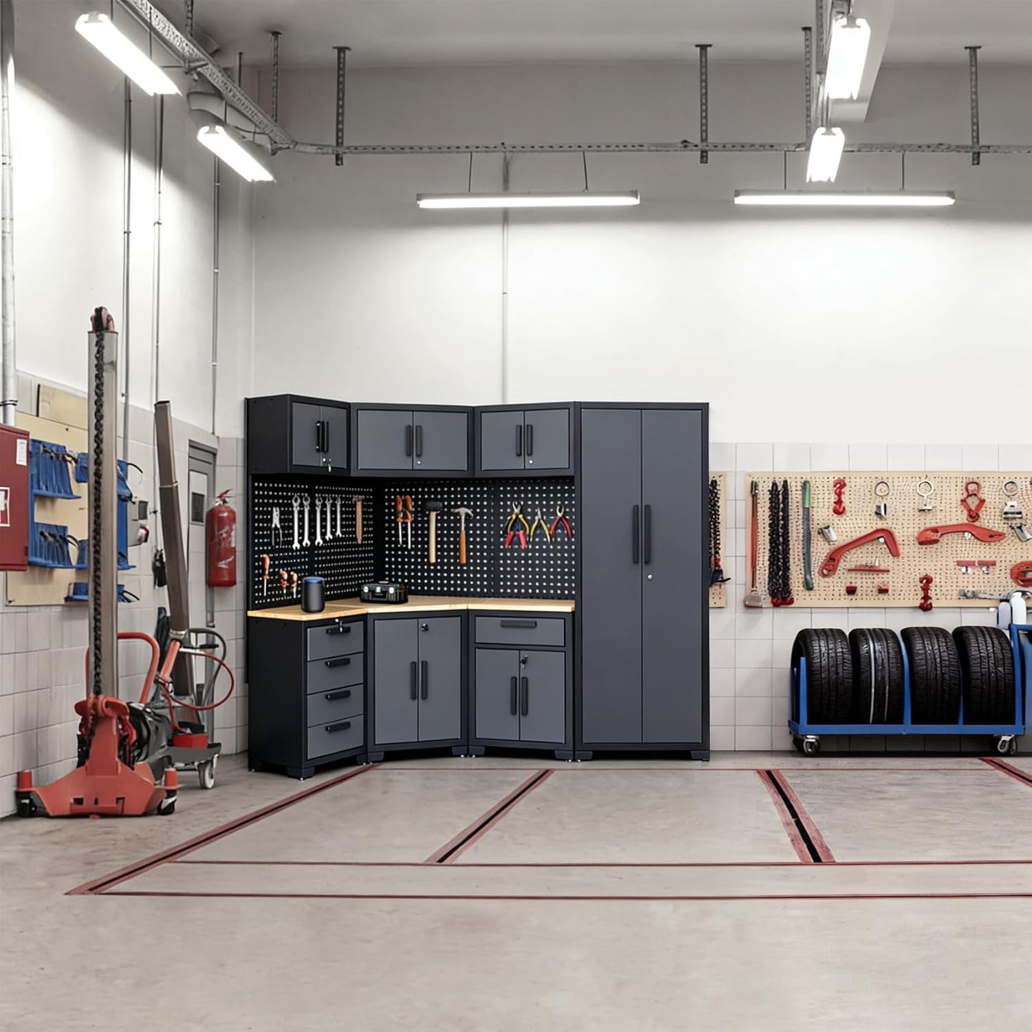 16PCS Garage Storage Cabinet System - Heavy Duty Workshop Set w/Corner Cabinet Includes Workbench, Pegboard & Lockable Drawers | Metal Tool Organization System for Garage/Workshop