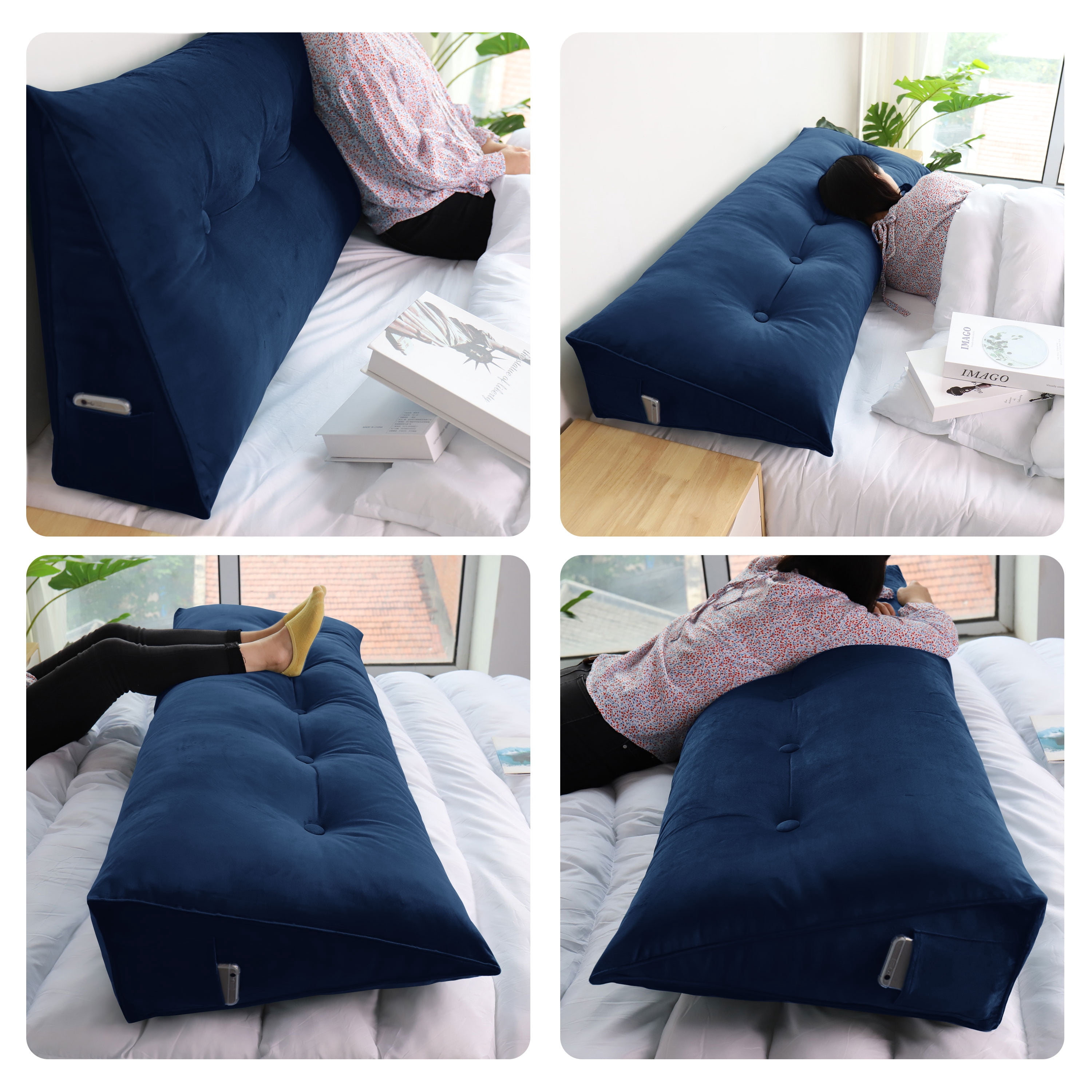 WOWMAX Large Bolster Triangular Reading Backrest Positioning Support Wedge Pillow Headboard for Day Bed Bunk Bed RV/Trailer with Removable Cover 39 Inches Velveteen Deep Blue
