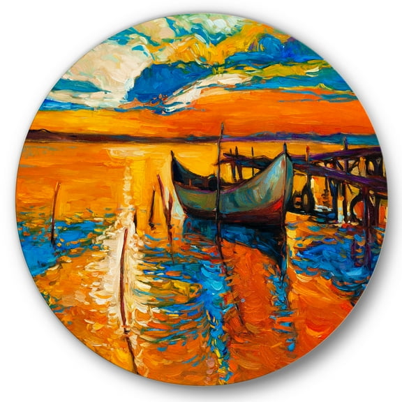 Designart 'Boat At The Lake During Evening Glow VII' Nautical & Coastal Circle Metal Wall Art 36x36 - Disc of 36